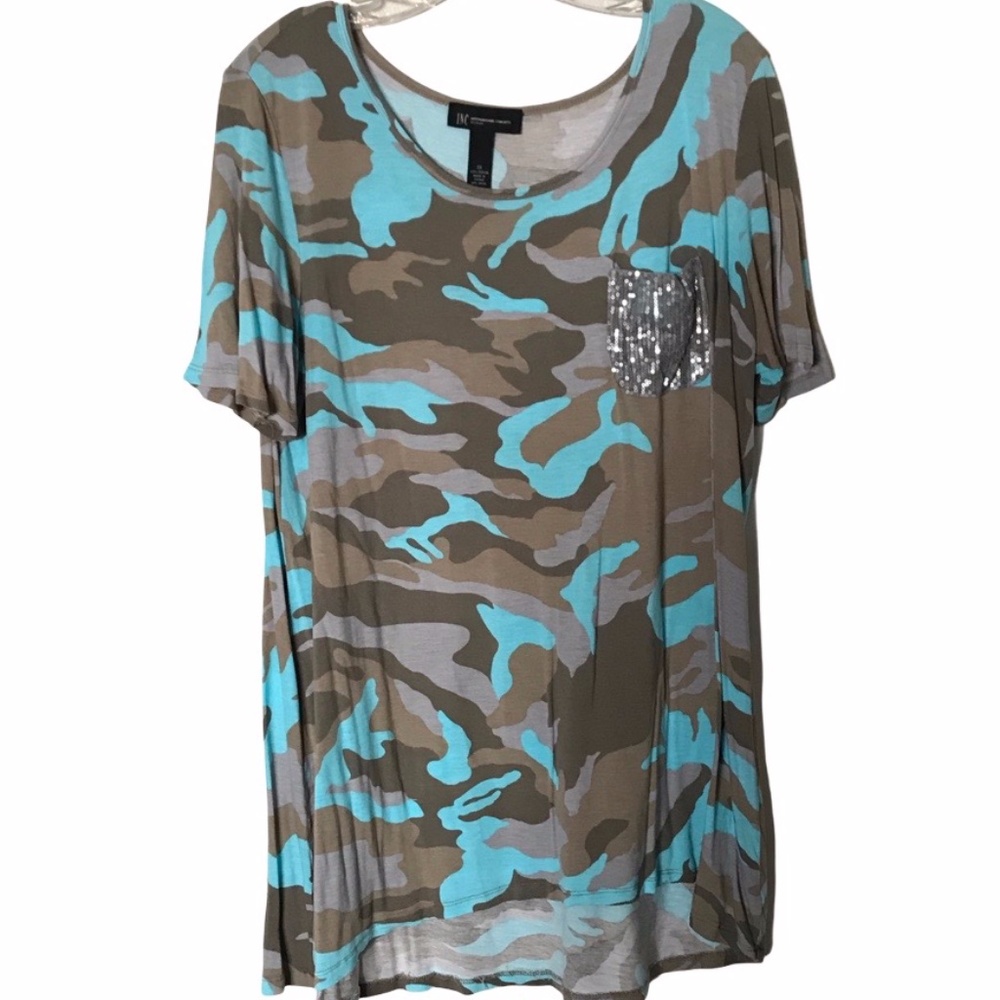INC Turquoise Camo & Sequin Tunic Top - 1X